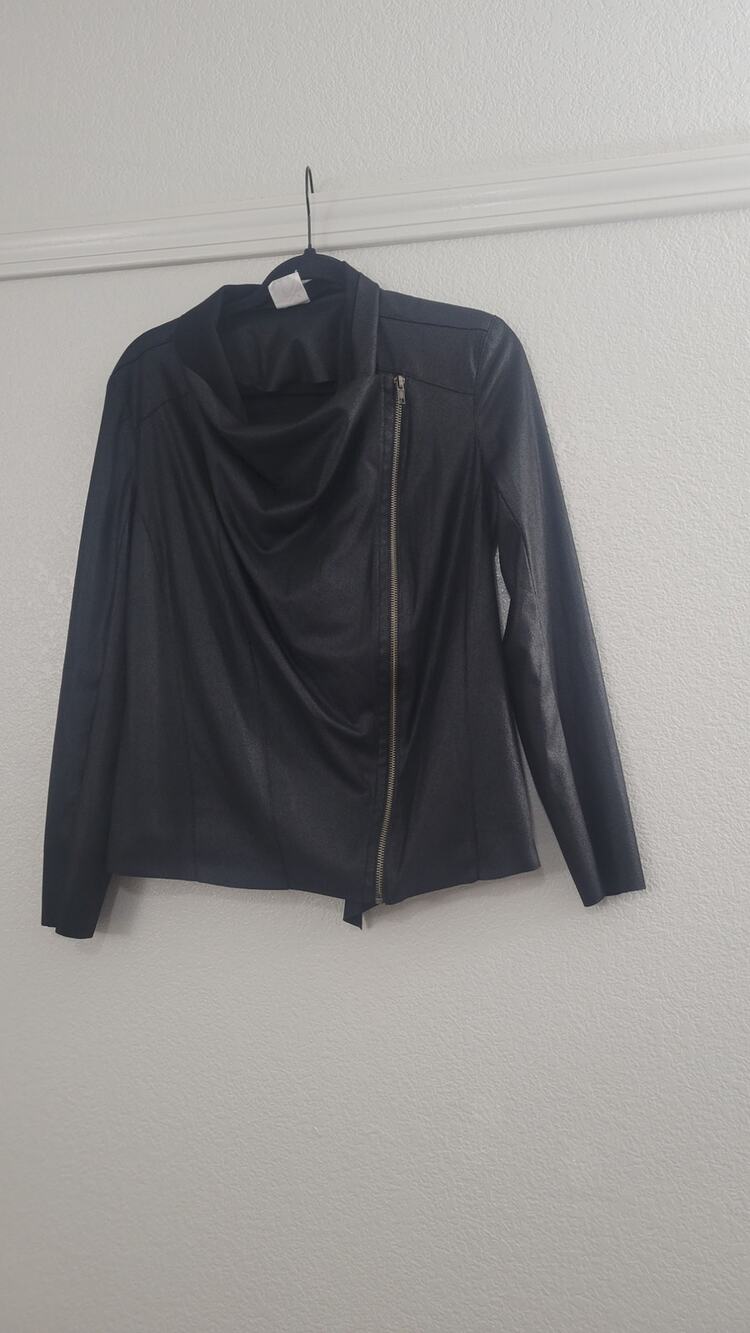 Mote Womens Medium Black Faux Leather Jacket Draped Collar Asymmetrical Zip Moto